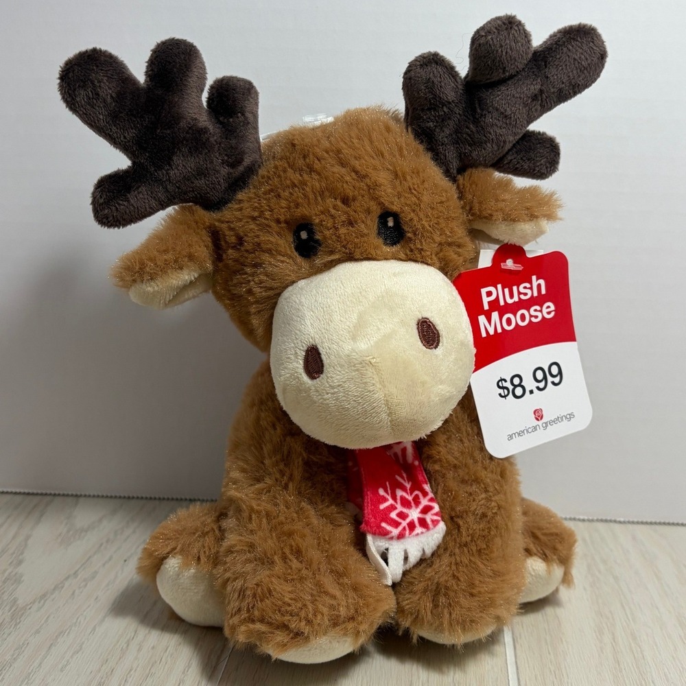 American Greetings Plush Brown Moose Red Snowflake Scarf Sewn eyes NWT